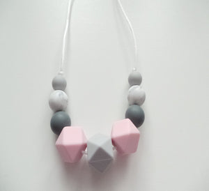 Teething Necklace Pink, Grey and Marble