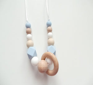 Pale blue, White & Wooden beads necklace