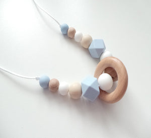 Pale blue, White & Wooden beads necklace