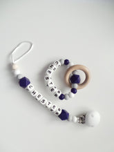 Load image into Gallery viewer, Personalised Dummy clip  &amp; Teething ring Gift set - Navy Blue, Grey &amp; White

