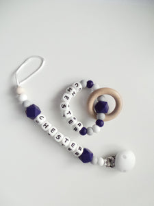 Personalised Dummy clip  & Teething ring Gift set - Navy Blue, Grey & White