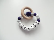 Load image into Gallery viewer, Personalised Dummy clip  &amp; Teething ring Gift set - Navy Blue, Grey &amp; White
