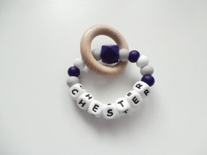Personalised Dummy clip  & Teething ring Gift set - Navy Blue, Grey & White
