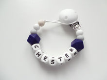 Load image into Gallery viewer, Personalised Dummy clip  &amp; Teething ring Gift set - Navy Blue, Grey &amp; White
