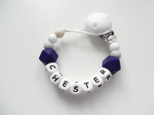 Load image into Gallery viewer, Personalised Dummy clip  &amp; Teething ring Gift set - Navy Blue, Grey &amp; White
