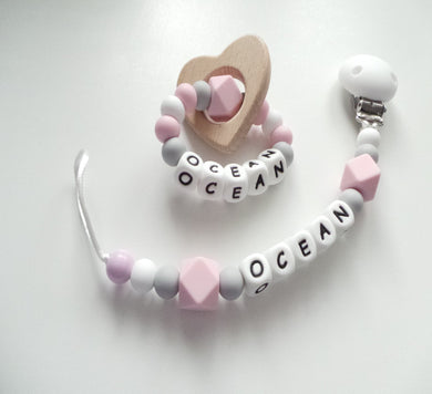 Personalised Pink Dummy clip and teething ring