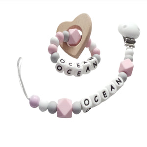 Personalised Pink Dummy clip and teething ring