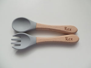 Personalised Engraved Wooden and Silicone weaning Cutlery Set - Grey