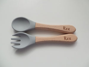 Personalised Engraved Wooden and Silicone weaning Cutlery Set - Grey