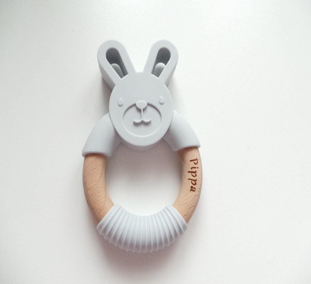 Personalised Bunny Teething Ring - Grey