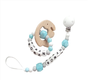 Dummy clip and Elephant Teething ring set - Pearl Blue, Grey and White