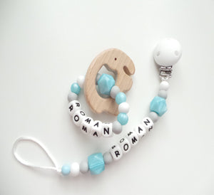 Dummy clip and Elephant Teething ring set - Pearl Blue, Grey and White