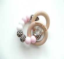 Load image into Gallery viewer, Personalised Engraved Teething Rattle Toy - Leopard print, Pink &amp; White 
