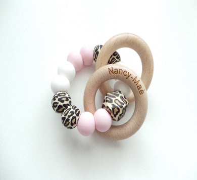 Personalised Engraved Teething Rattle Toy - Leopard print, Pink & White 