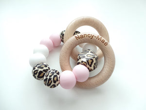 Personalised Engraved Teething Rattle Toy - Leopard print, Pink & White