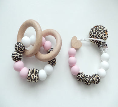 Leopard Print Matching set Dummy clip and Teething rattle 