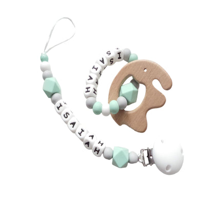 Dummy clip and Elephant Teething ring set - Mint, Grey and White