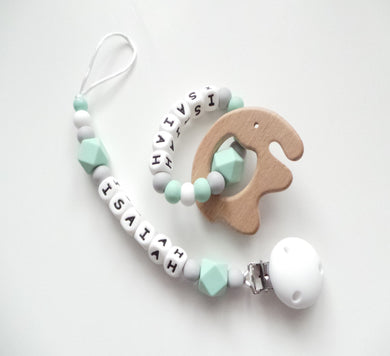 Dummy clip and Elephant Teething ring set - Mint, Grey and White