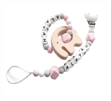 Load image into Gallery viewer, Personalised Dummy clip and Elephant Teething ring set - Pink, Grey and White
