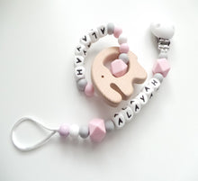 Load image into Gallery viewer, Personalised Dummy clip and Elephant Teething ring set - Pink, Grey and White
