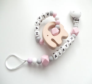 Personalised Dummy clip and Elephant Teething ring set - Pink, Grey and White