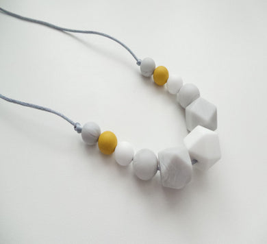 Teething Necklace Mustard, Grey and White beads