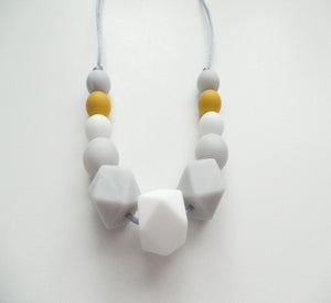 Teething Necklace Mustard, Grey and White beads