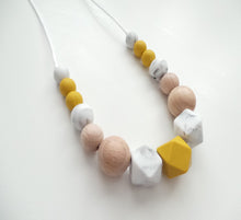 Load image into Gallery viewer, Teething Necklace Mustard, Marble White &amp; Wooden beads 
