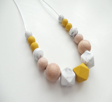 Teething Necklace Mustard, Marble White & Wooden beads 