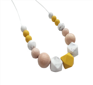 Teething Necklace Mustard, Marble White & Wooden beads 