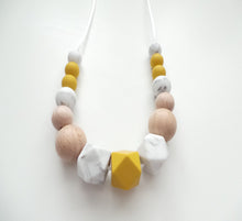 Load image into Gallery viewer, Teething Necklace Mustard, Marble White &amp; Wooden beads
