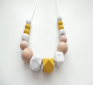 Teething Necklace Mustard, Marble White & Wooden beads