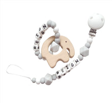 Load image into Gallery viewer, Personalised Dummy clip and Elephant Teething ring set - Marble grey, Grey and White
