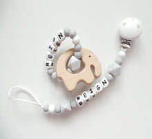 Load image into Gallery viewer, Personalised Dummy clip and Elephant Teething ring set - Marble grey, Grey and White

