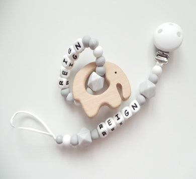 Personalised Dummy clip and Elephant Teething ring set - Marble grey, Grey and White