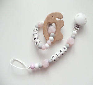 Personalised Dummy clip and Teething ring set - Elephant - More colors available