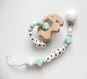 Personalised Dummy clip and Teething ring set - Elephant - More colors available