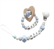 Load image into Gallery viewer, Personalised Blue Dummy clip and teething ring
