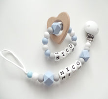 Load image into Gallery viewer, Personalised Blue Dummy clip and teething ring
