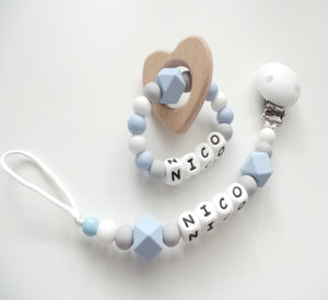 Personalised Blue Dummy clip and teething ring