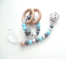 Load image into Gallery viewer, Dummy clip and Teething rattle toy - Terrazzo print blue 

