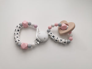 Personalised Dummy clip  & Teething ring Gift set - Heart - More colors available