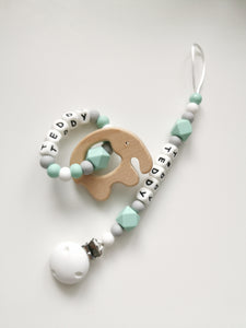Personalised Dummy clip and Teething ring set - Elephant - More colors available