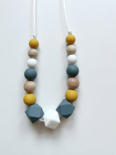 Load image into Gallery viewer, Teething Necklace Mustard, Dark grey, White &amp; Wooden beads
