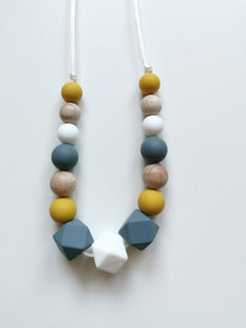 Teething Necklace Mustard, Dark grey, White & Wooden beads