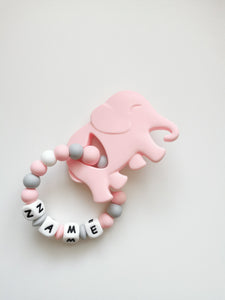 Personalised Silicone Elephant Teething Ring- Pink & Grey