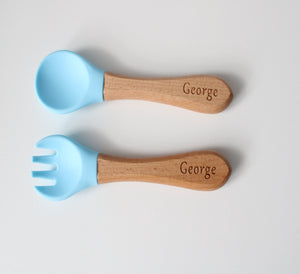Personalised Engraved Wooden and Silicone weaning Cutlery Set - Baby Blue