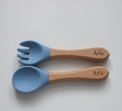 Personalised Engraved Wooden and Silicone weaning Cutlery Set