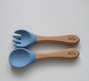 Personalised Engraved Wooden and Silicone weaning Cutlery Set