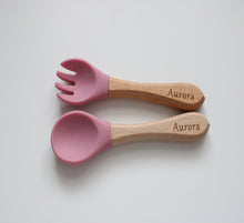 Load image into Gallery viewer, Personalised Engraved Wooden and Silicone weaning Cutlery Set - Blush
